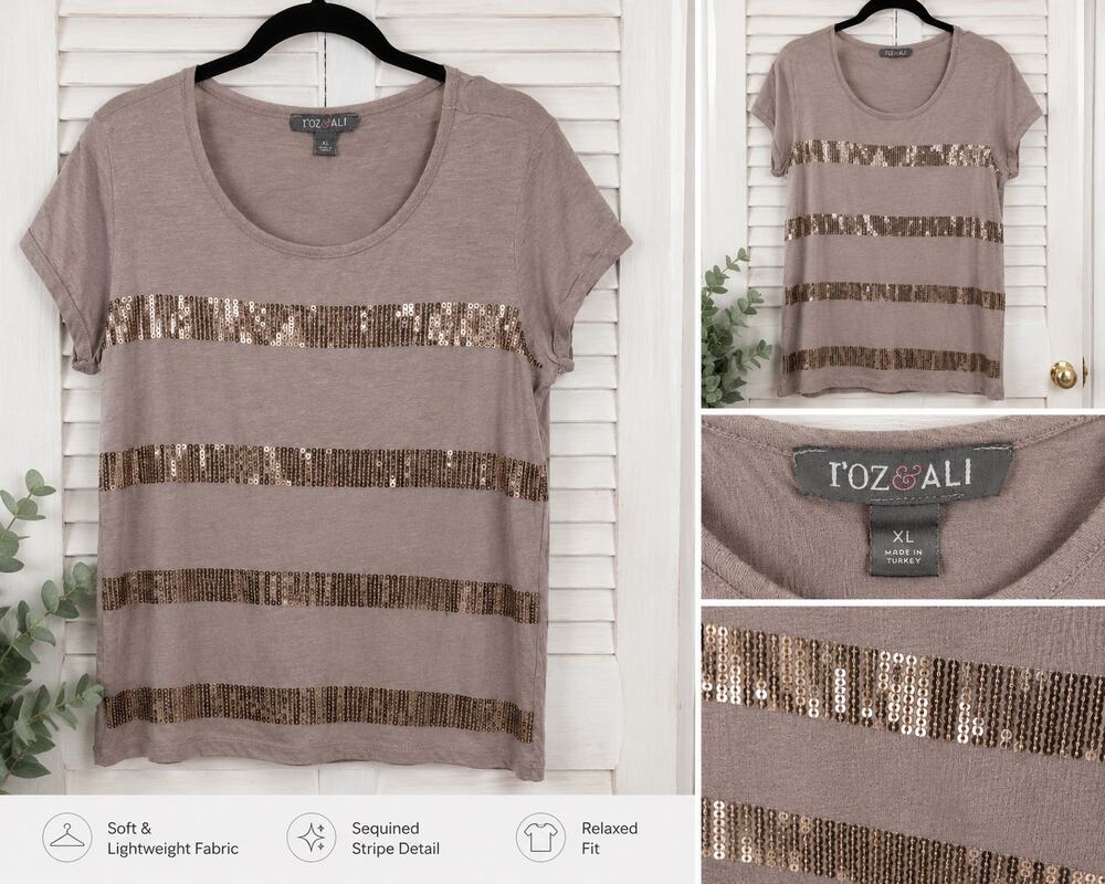 Roz & Ali Taupe Sequin Stripe Short Sleeve Top XL Shimmer Scoop Neck Party